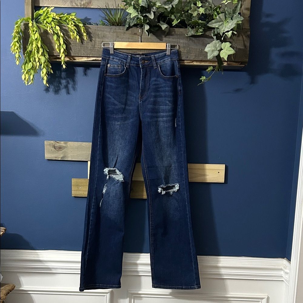 Stylish Dark Blue Distressed Women's Flare Jeans Sz 1 Tall